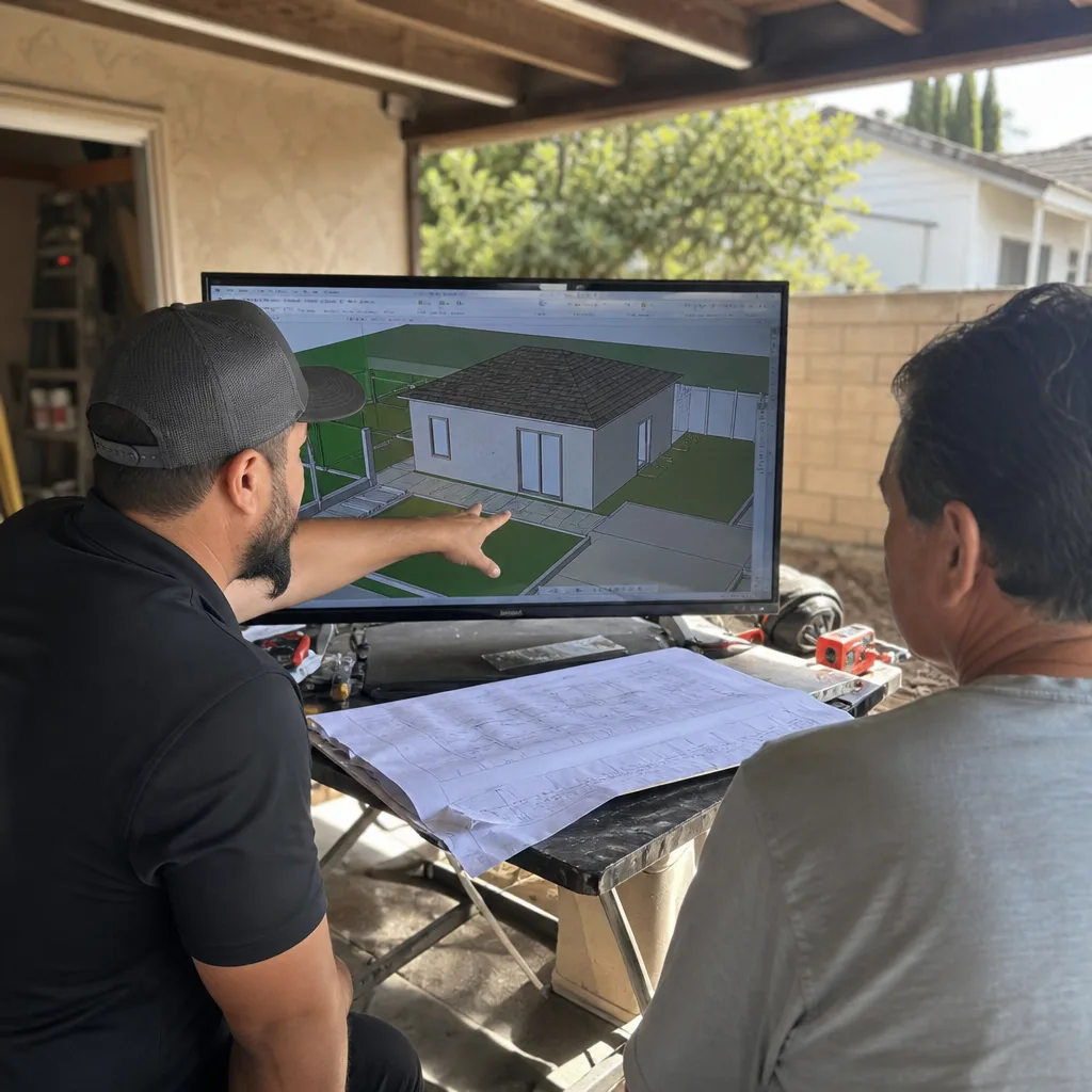 Contractor and client reviewing 3D ADU design plans on a monitor.