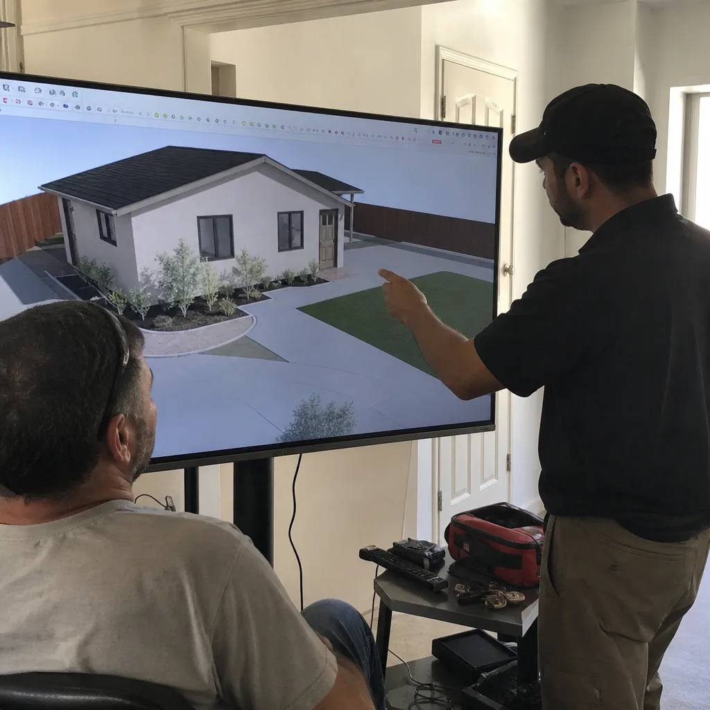 Two contractors reviewing custom ADU house designs on a large digital screen