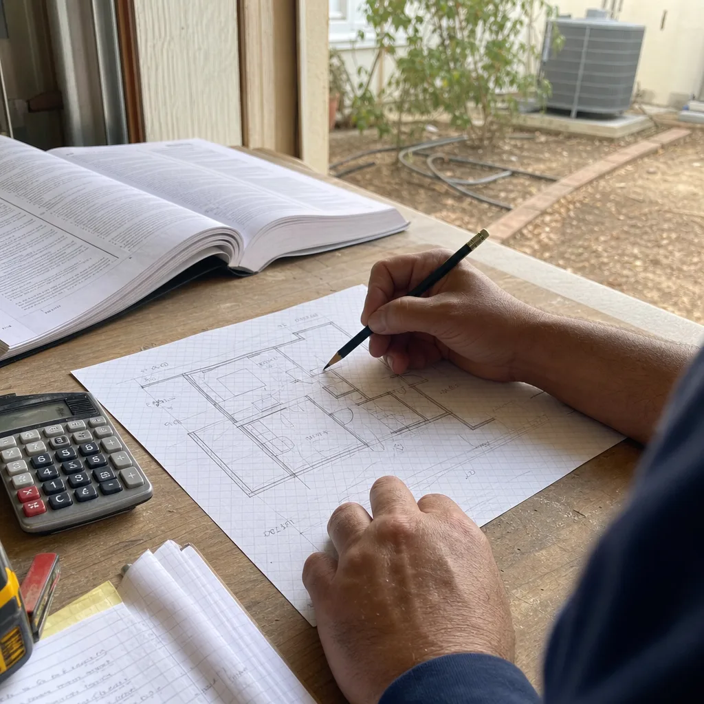 professional architect sketching an ADU floor plan on graph paper