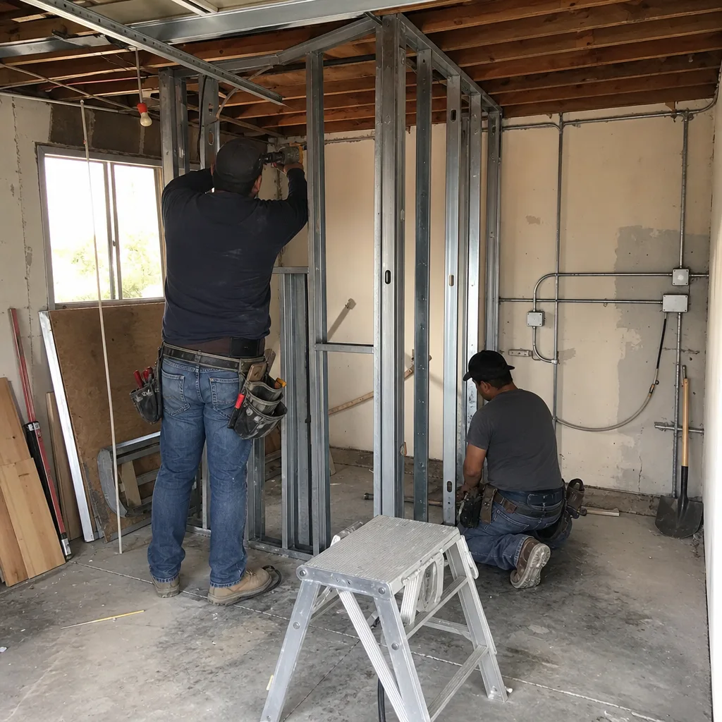 Two construction workers installing metal wall framing in a garage conversion.