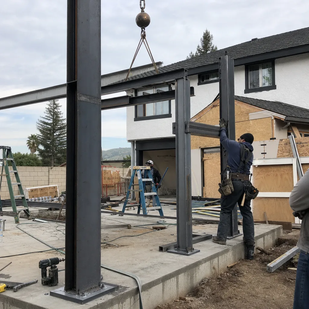 Construction workers installing steel structural framing for a new detached ADU.