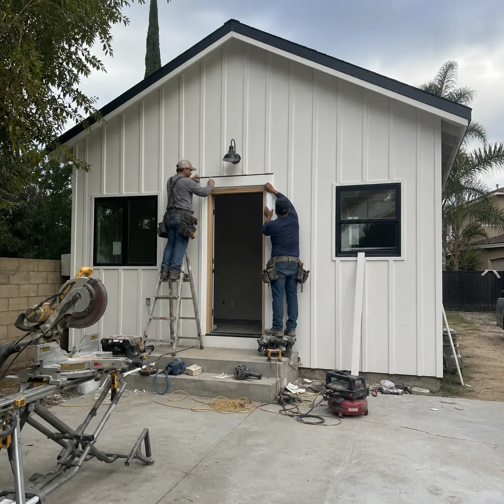Two construction workers installing trim on a modern white detached ADU
