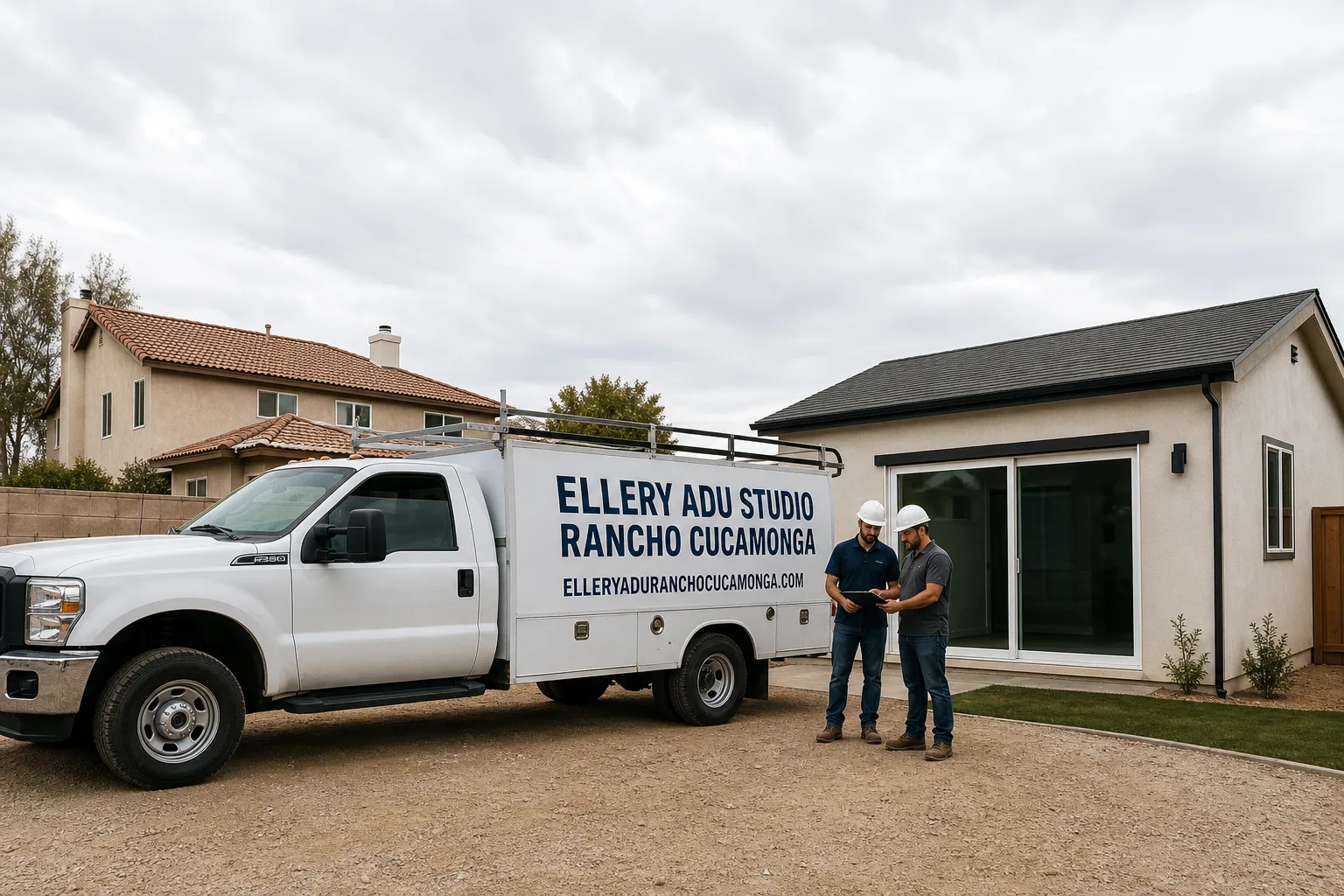 Ellery ADU Studio Rancho Cucamonga adu service vehicle and crew in Rancho Cucamonga, CA